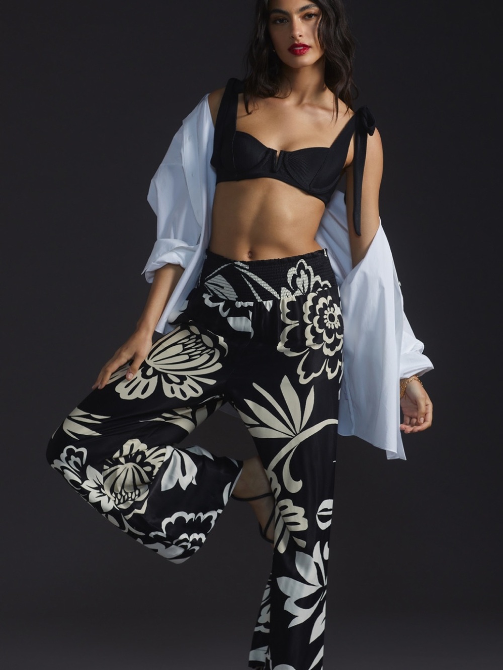 Maeve By Anthropologie The Saria Smocked Wide-Leg Pants Black/Cream Floral Print